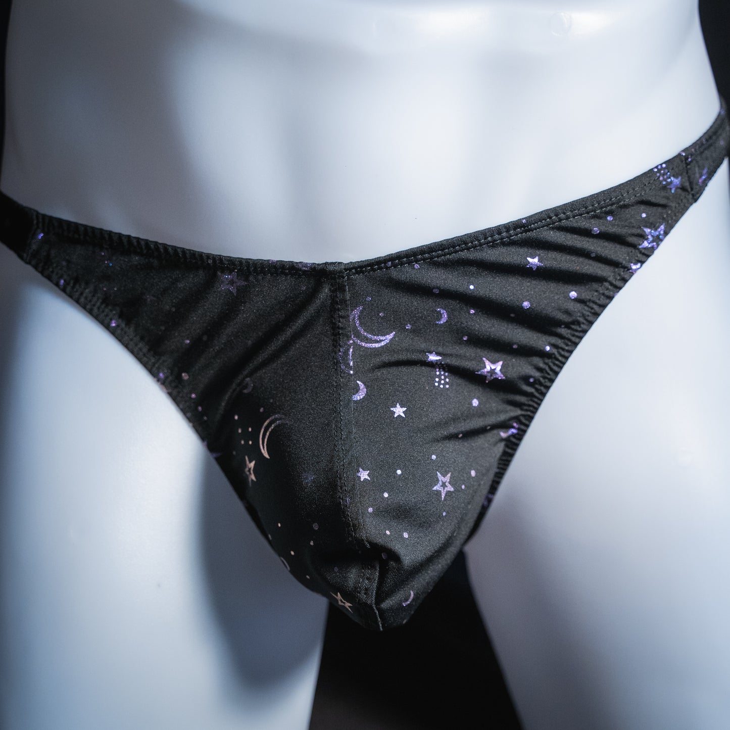 Mens Black With Purple Foil Stars and Moons Thong Underwear