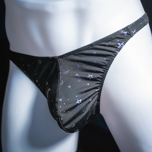 Mens Black With Purple Foil Stars and Moons Thong Underwear