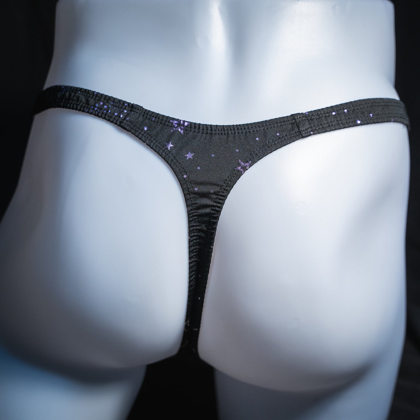 Mens Black With Purple Foil Stars and Moons Thong Underwear