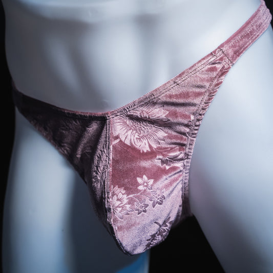 Mens Pink Floral Velvet Thong Underwear