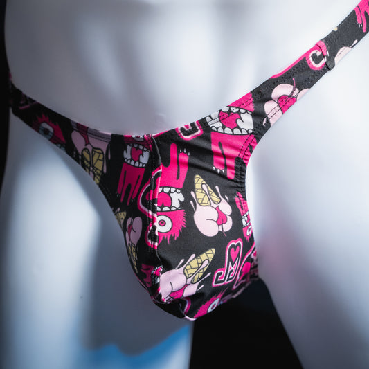 Mens Black With Pink Monsters Thong Underwear