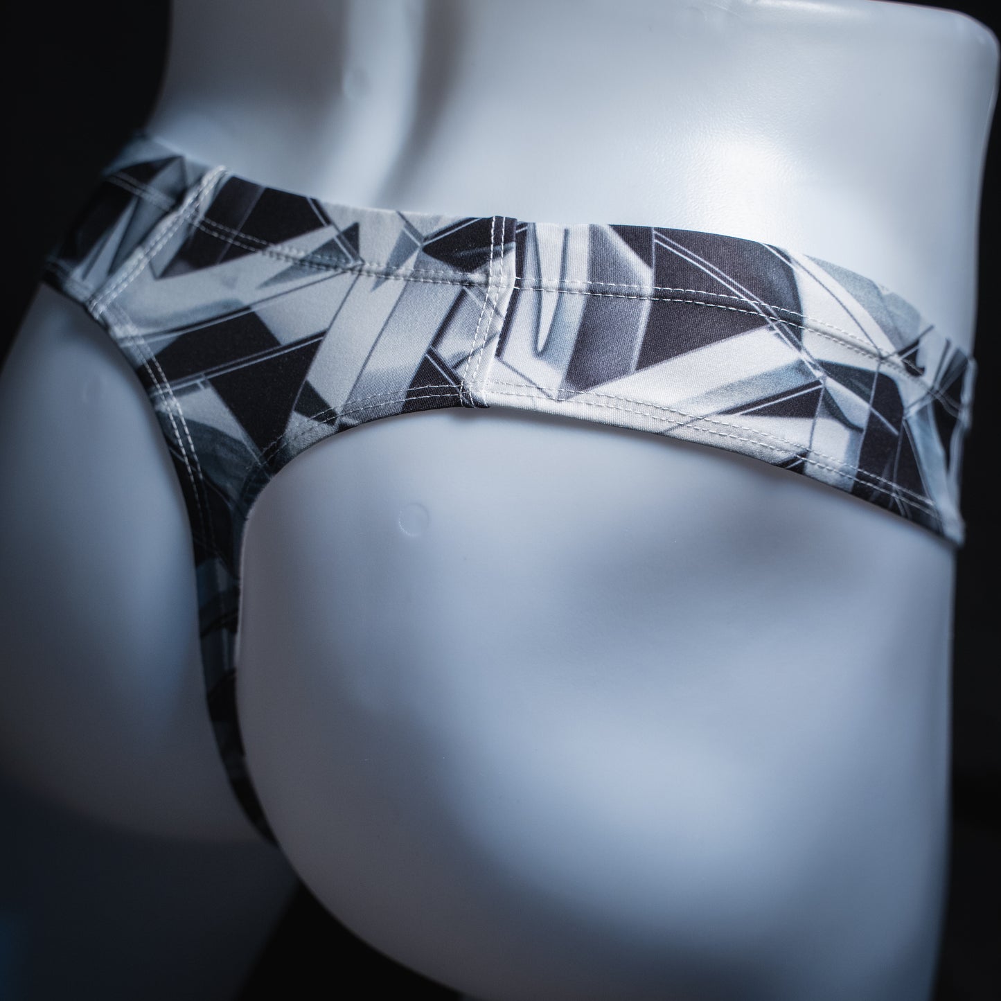 Mens Brief Cut Thong Black and White Geometric Shapes