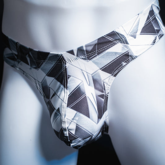 Mens Brief Cut Thong Black and White Geometric Shapes