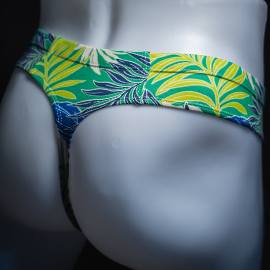 Mens Brief Cut Thong Green Tropical Leaves