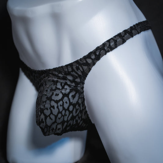 Just Mens Thongs Underwear - Black Cheetah Velvet And Mesh